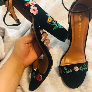 Suri Black Embroidered Ankle Strap Heels